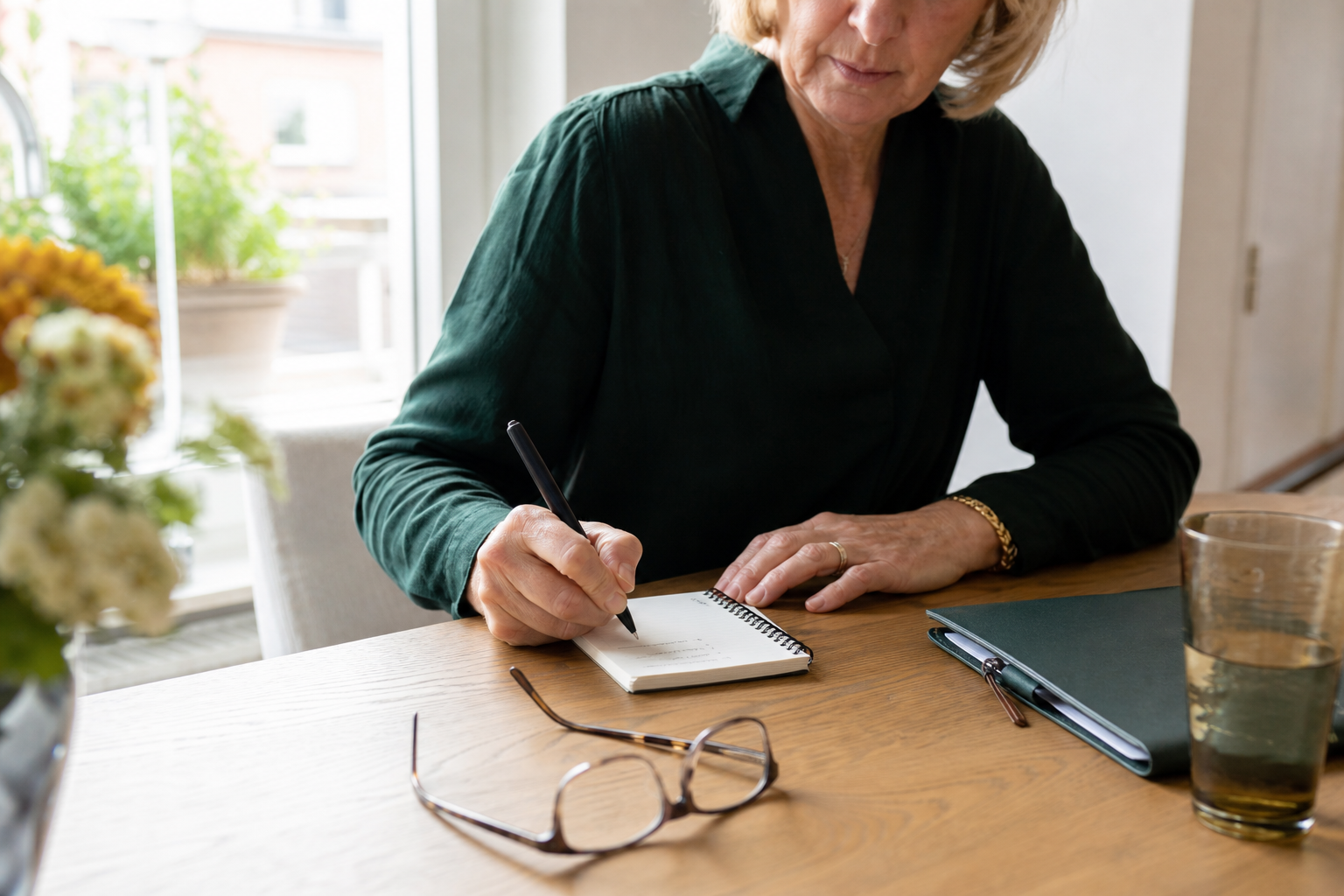 Notitieboek en bril liggen klaar voor een gesprek over gezondheid