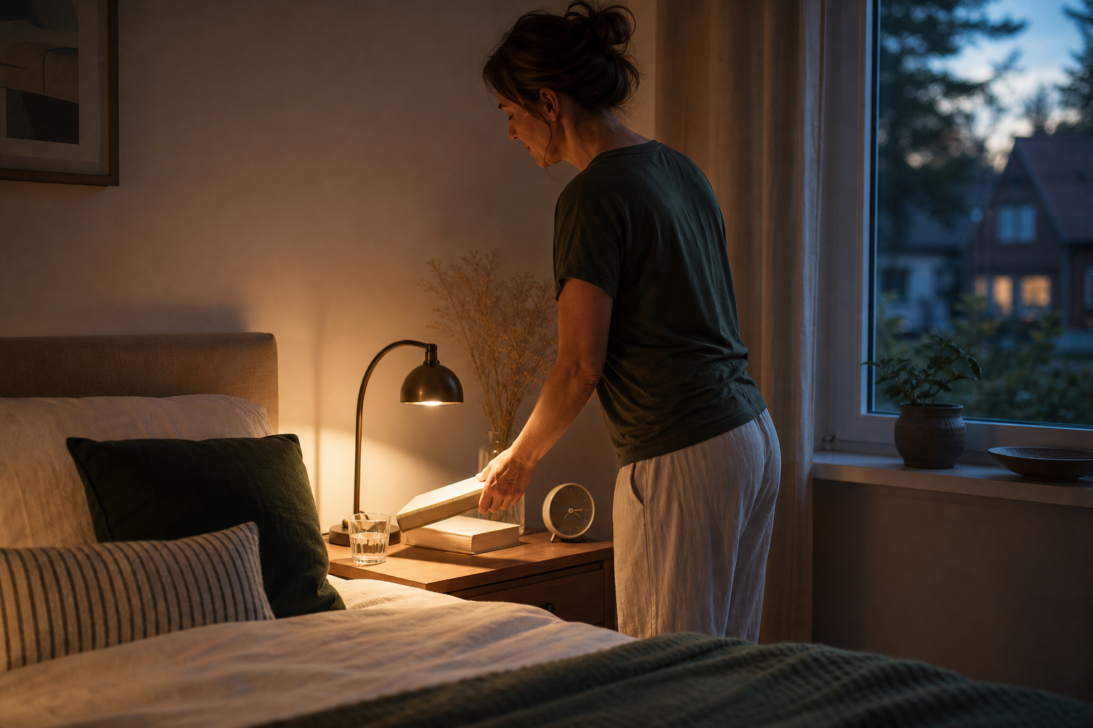 Een vrouw legt in een rustige slaapkamer een boek op haar nachtkastje